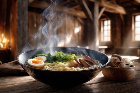 A flavorful bowl of ramen with sliced meat, greens, and boiled egg, emanating steam in cozy surroundings.の写真素材