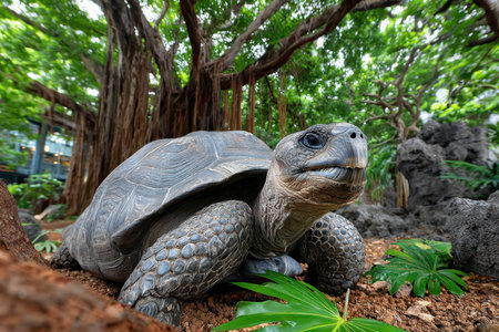 A giant tortoise navigates through vibrant tropical foliage surrounded by trees and rocks in a natural environment.の写真素材