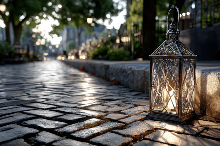 A vintage lantern lights up a cobblestone street under soft evening light, creating a serene atmosphere.の写真素材