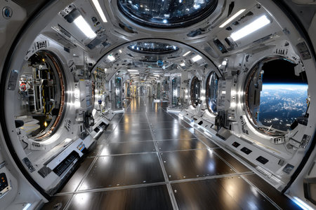 Inside a futuristic space station corridor, round windows frame stunning views of Earth below.の写真素材