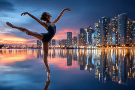 A ballerina performs an elegant pose at dusk, the city skyline shimmering in the water behind her.の写真素材
