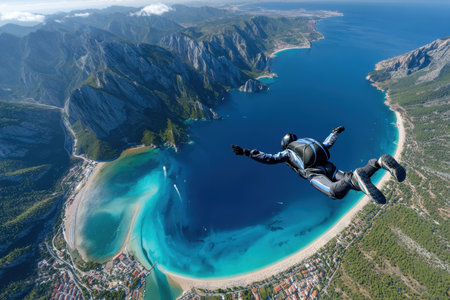 A skydiver soars through the air, enjoying breathtaking views of cliffs and a beach during sunset.の写真素材