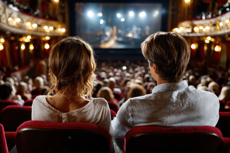 Two individuals seated together in a theater watching a performance on stage, surrounded by an attentive audience.の写真素材