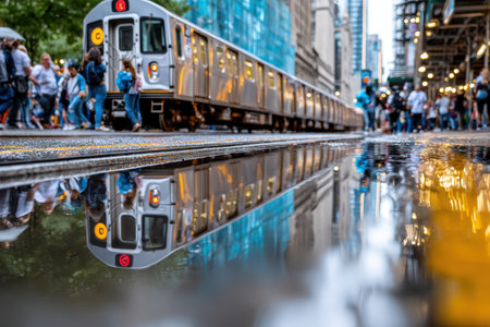 A shot of a crowded subway train reflected in a puddle on a rainy city street, taken with a wide-angle lens to capture the hustle and bustle of urban lifeの写真素材