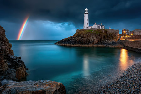 A dreamy, long-exposure shot of a lighthouse against a stormy sea, taken at twilight, conveying a sense of solitude and resilience, with a single, unexpected rainbow in the dark skyの写真素材