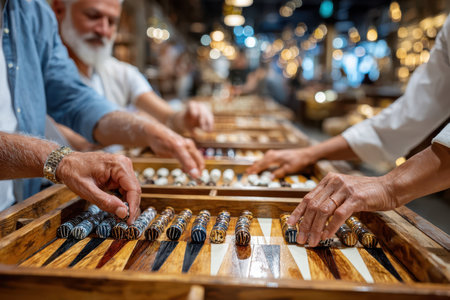 Players focus on a backgammon game in a bustling market, surrounded by warm lighting and wooden tables.の写真素材