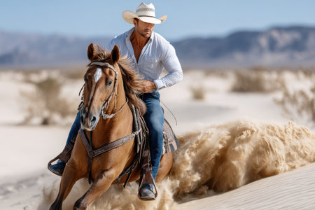 A skilled rider gallops through sandy dunes, showing agility and control with a powerful horse against a bright sky.の写真素材