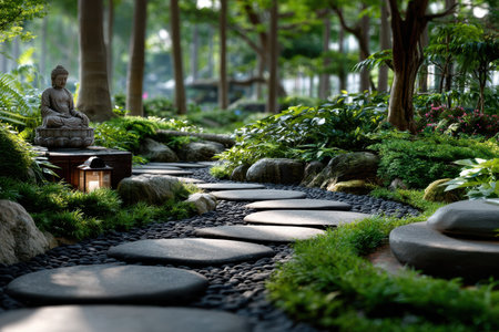 A tranquil Zen garden with a stone path, under soft morning light, shot with a tilt-shift lens, featuring a hidden Buddha statueの写真素材