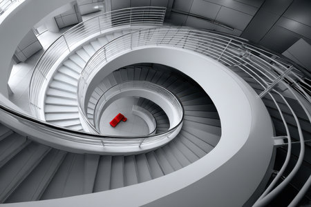 A minimalist, black-and-white shot of a spiral staircase, captured with a 50mm lens, evoking a sense of infinity and simplicityの写真素材