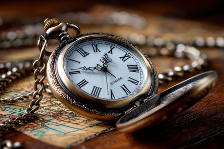 An antique pocket watch resting on a vintage map, shot in a dimly lit room with a macro lens, evoking a sense of nostalgia and the passage of timeの写真素材