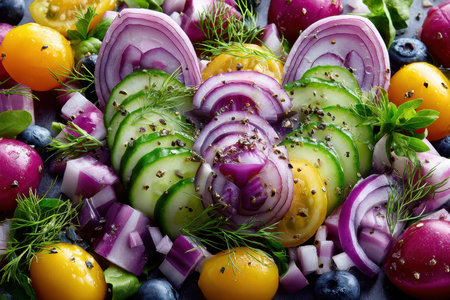 A vibrant, modern salad with a variety of fresh ingredients, shot under bright, natural light with a DSLR camera, the salad is arranged to form a faceの写真素材