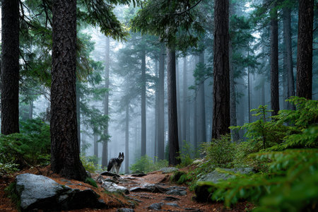A wolf stands on a path in a foggy forestの写真素材
