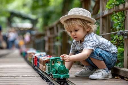 Young child in hat kneels on wooden walkway, focused on playing with colorful toy train in greenery.の写真素材