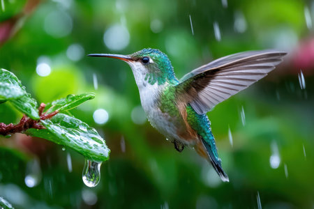A hummingbird hovers in the rain near wet, green leavesの写真素材