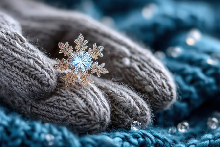 A close-up of a snowflake on a woolen glove, shot with a macro lens, capturing the intricate beauty of winterの写真素材