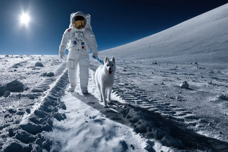 An astronaut strolls on the moon with a dog on a leash, showing a unique companionship in daylight.の写真素材