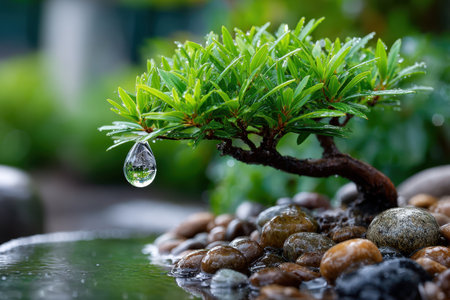 A small bonsai tree with a water droplet hanging from a leaf above pebbles and waterの写真素材