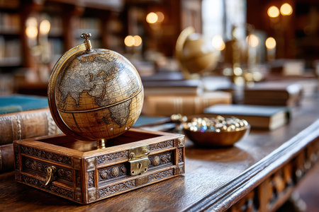 An antique globe sits on a carved wooden box in a libraryの写真素材