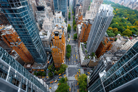 An aerial view of a busy city intersection with yellow taxisの写真素材