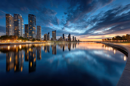 Modern city skyline reflected in calm water at twilightの写真素材
