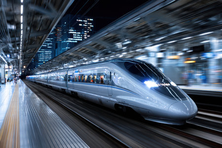 A high-speed train races through a modern city station at nightの写真素材