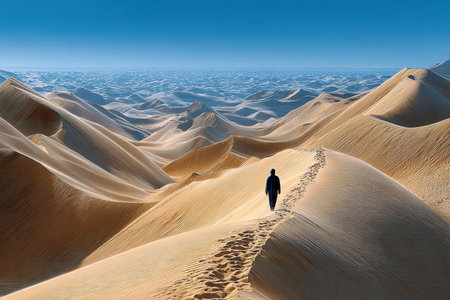 A solitary figure standing on a desert dune, under the harsh midday sun, captured with a telephoto lens, conveying a sense of isolation and adventureの写真素材