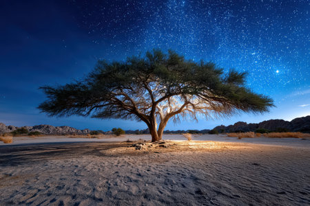 A lone tree stands illuminated in a desert landscape under a starry night skyの写真素材