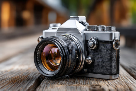 A close-up shot of a vintage camera on a wooden table, with a nostalgic, creative mood, shot with a 50mm lens, celebrating the history of photographyの写真素材