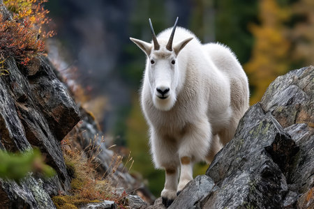 A white mountain goat stands on a rocky mountainsideの写真素材