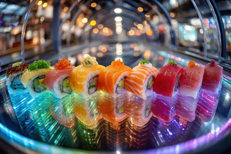 Colorful sushi rolls arranged on a glowing platter in a restaurantの写真素材