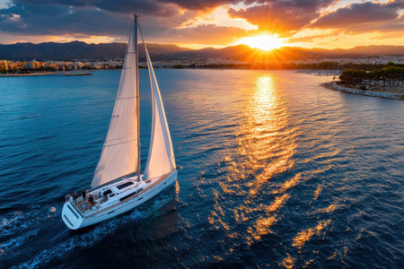 A sailboat sails on the ocean near a coastal city at sunsetの写真素材