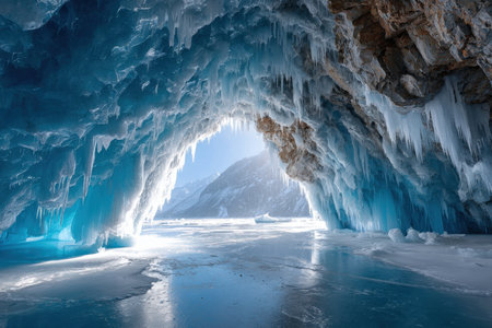 A stunning ice cave with blue icicles overlooks a frozen lakeの写真素材