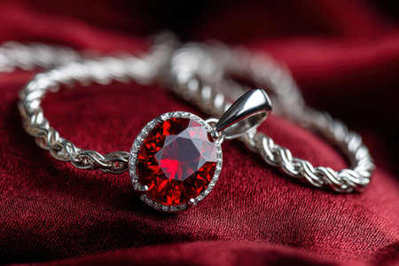Silver pendant with a large red gemstone rests on soft red velvetの写真素材