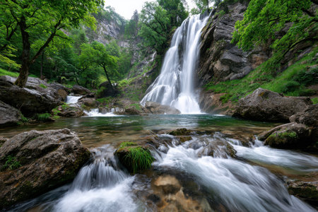 A waterfall cascades into a rocky stream surrounded by lush green foliageの写真素材