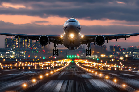 A passenger jet landing on an illuminated airport runway at duskの写真素材