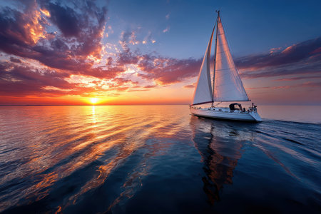 A sailboat glides across calm ocean waters at sunsetの写真素材