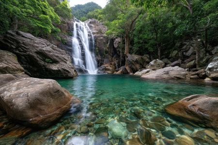 A picturesque waterfall flows into a clear pool surrounded by lush foliage and rocksの写真素材