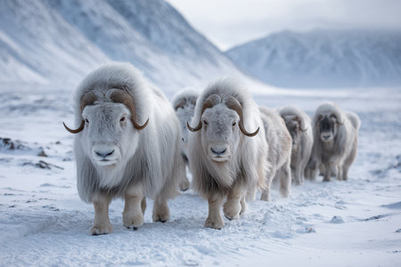 A group of muskox traverses a snowy terrain in a remote Arctic area under overcast skies, showing their thick fur.の写真素材