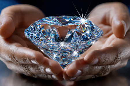 A large, sparkling diamond rests in open hands, reflecting light in a serene and elegant setting.の写真素材