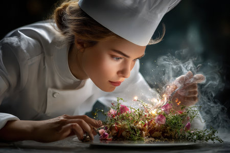 A chef is meticulously preparing a dish with colorful flowers and herbs, showcasing culinary artistry.の写真素材