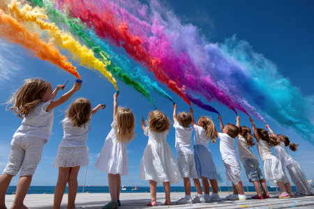 Kids happily release vibrant colored powder into the air at a beachside celebration on a sunny day.の写真素材