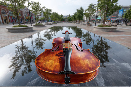 A large violin rests on a calm reflecting pool, surrounded by trees and shops in a lively outdoor plaza.の写真素材