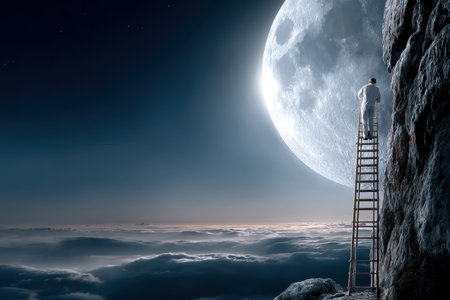 A person ascends a wooden ladder reaching towards a luminous full moon over a cloud-covered terrain.の写真素材