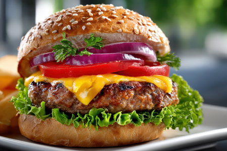 A juicy hamburger with fresh vegetables, shot in natural daylight, using a DSLR camera, to bring out the appetizing detailsの写真素材