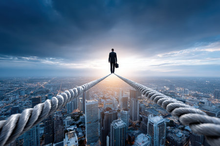 A conceptual image of a businessman walking on a tightrope over a cityscape, shot in a surreal, dreamlike style with dramatic, backlighting and a telephoto lens to emphasize the risk and determinationの写真素材
