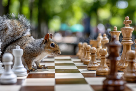 A squirrel pauses on a giant chessboard in a park settingの写真素材