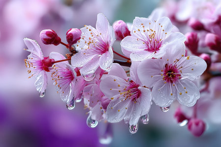 Closeup of pink blossoms with water droplets on a blurred backgroundの写真素材