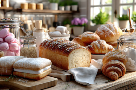 Freshly baked goods arranged on a wooden table in a sunlit kitchenの写真素材