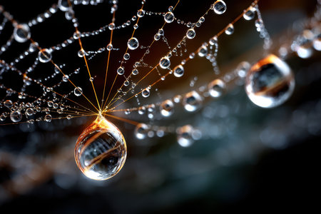 Closeup of dewdrops on a spider web in morning lightの写真素材