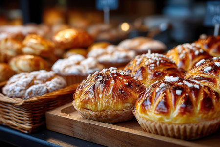 Assortment of fresh pastries displayed on a wooden tray and in a basketの写真素材